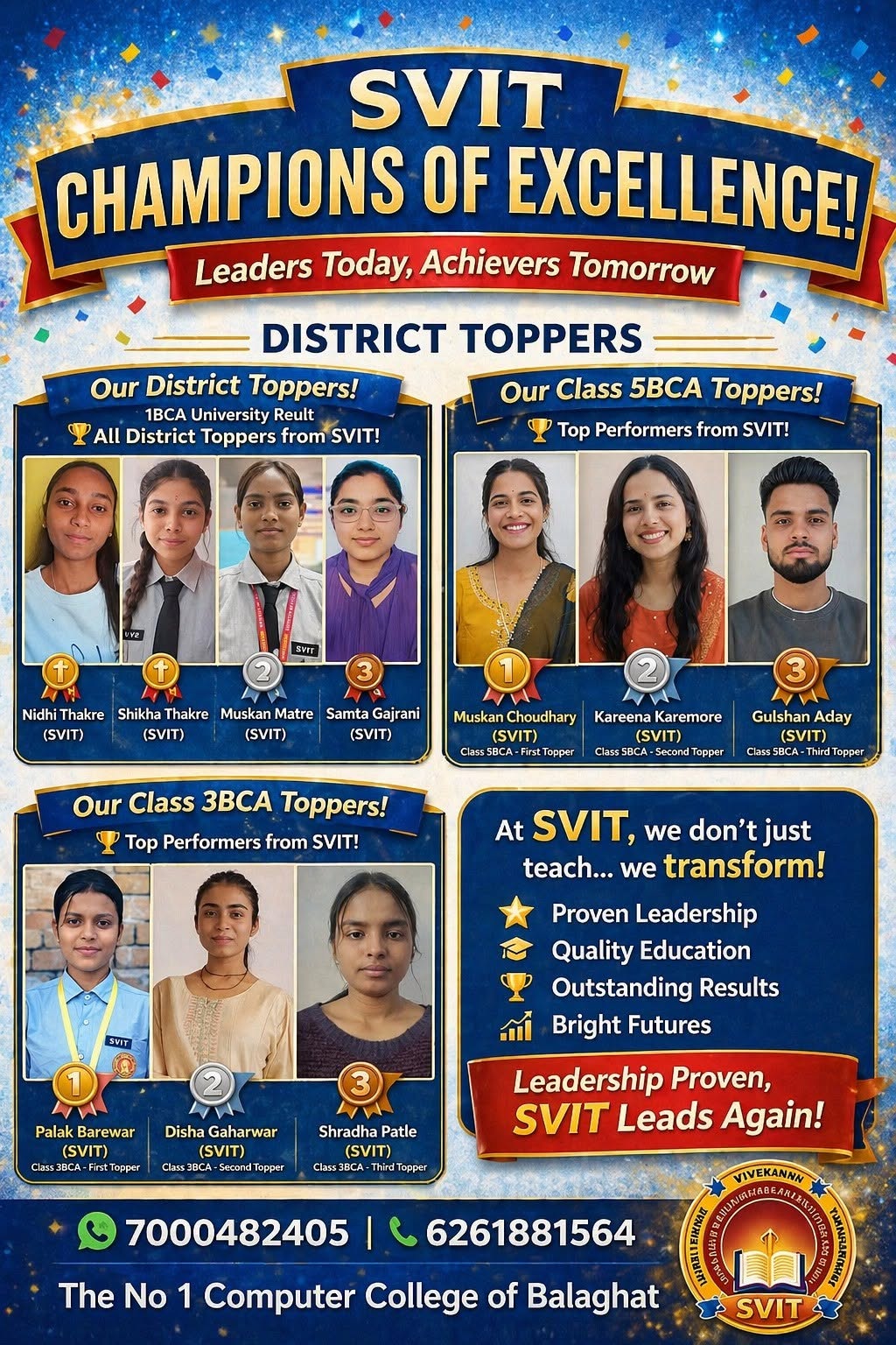 SVIT champions of excellence result poster